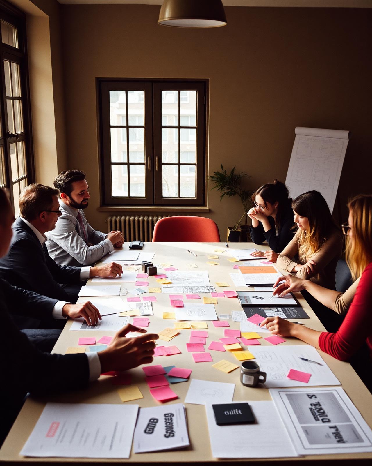 Executives collaborating around a table covered in sticky notes and brand boards